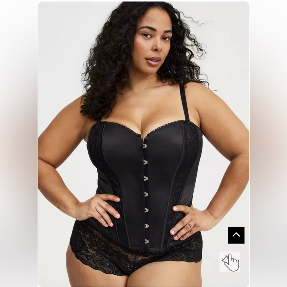 Torrid Black Satin Corset Bustier with Lace Detail Hook Front Tie Back Sz 1XL